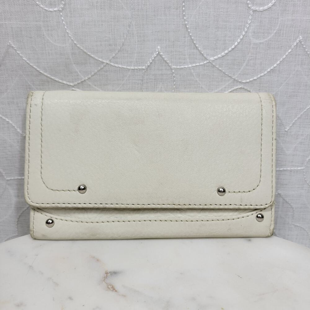 VTG Cow Leather Bi-fold Checkbook Wallet White Ivory Card Slots Simple Classic